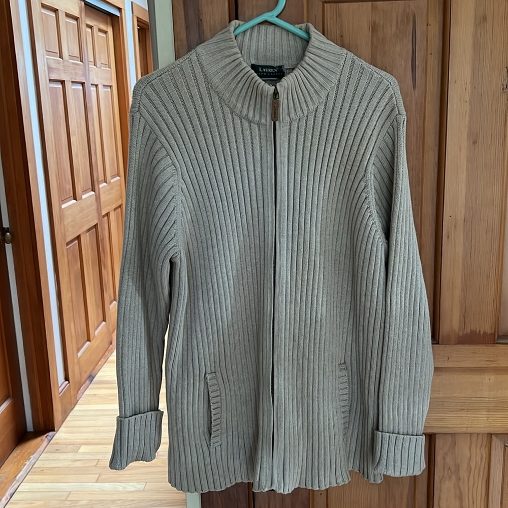 Lauren Ralph Lauren Zip up Cardigan Sweater Tan Thick Ribbed Knit Longer length